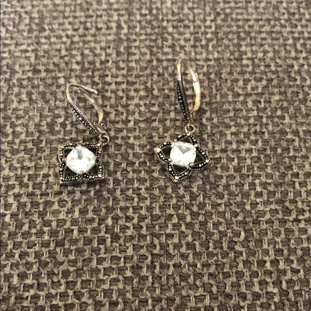 Silver-Tone Crystal Drop Earrings with Marcasite Accents